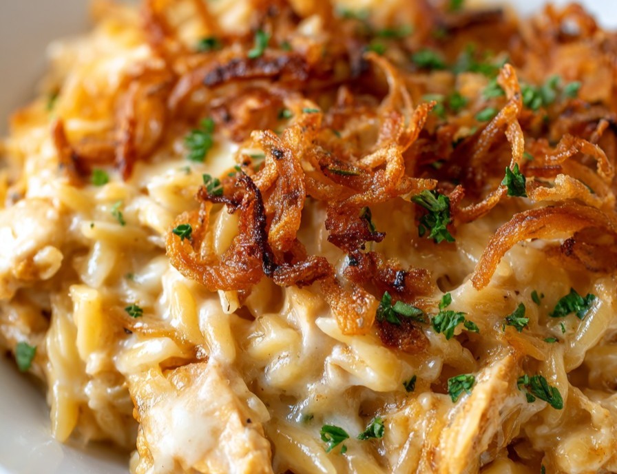 French Onion Chicken Orzo Casserole top view